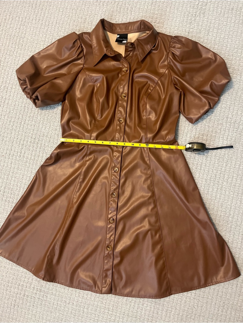 Maison Tara Cognac Faux Leather Puff-Sleeve Button-Front Mini Dress - Picture 4 of 16
